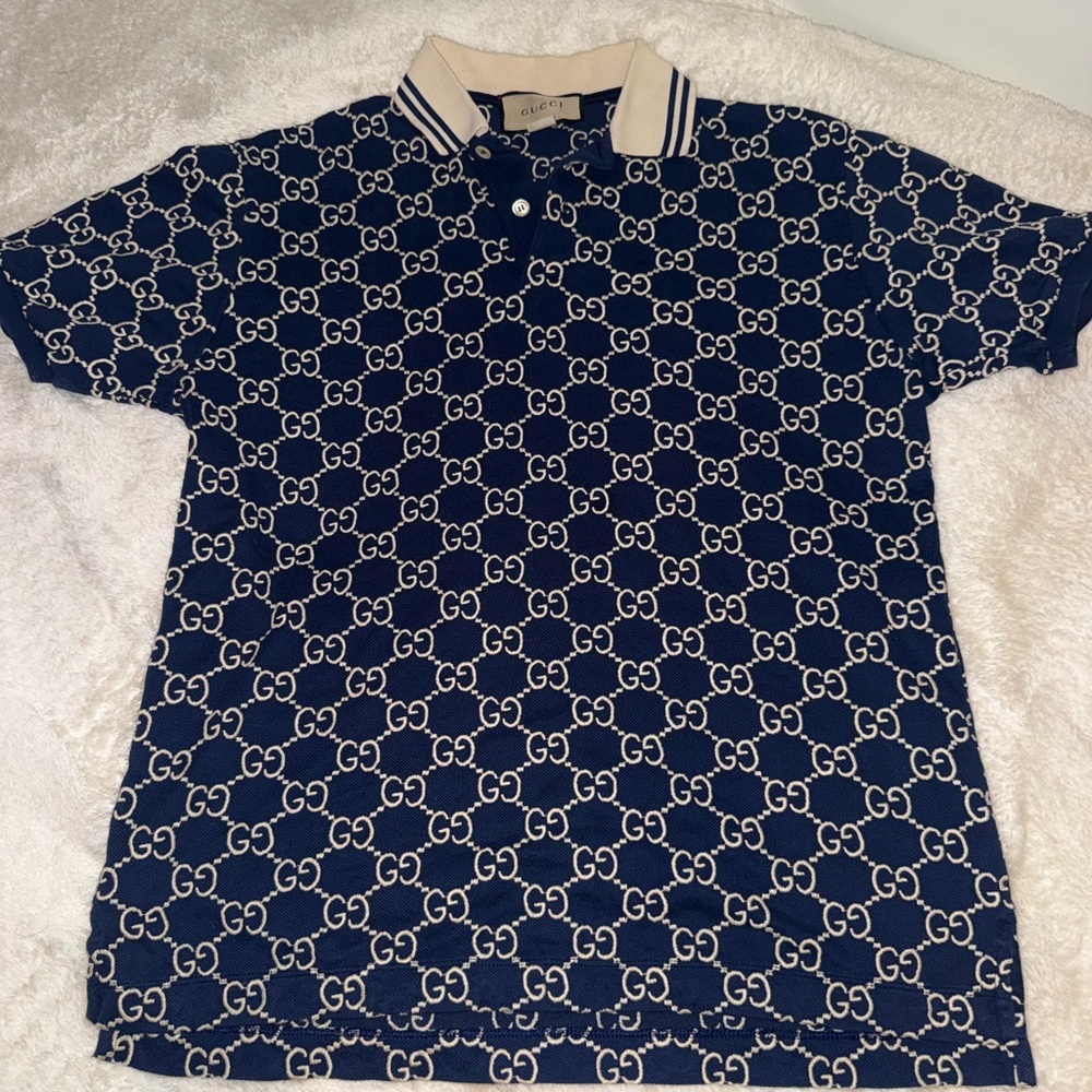 Gucci Beige and Navy Pattern Polo Shirt